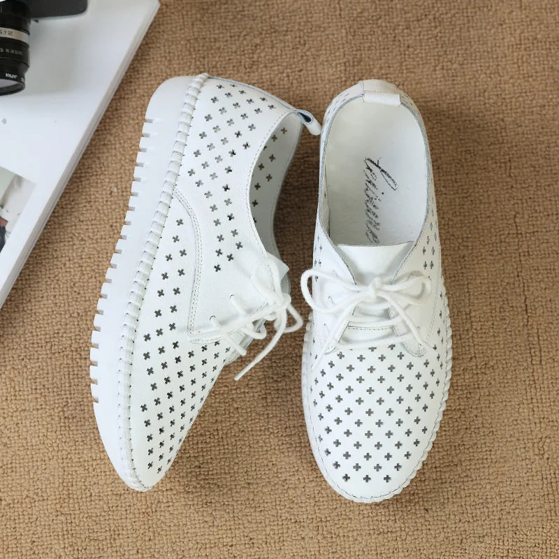 Sneakers shoe Women casual loafers shoes female Hollow moccasins White Lace up canvas Boat shoes