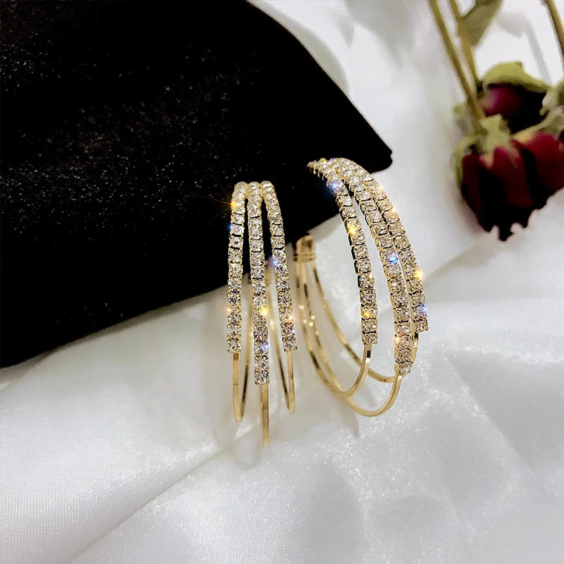 Exaggerated Rhinestone Shiny Circle Hoop Earrings Large Round Earrings for Women