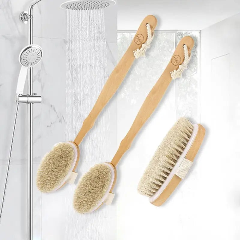 Natural Bristles Back Scrubber Shower Brush With Detachable Long Wooden Handle