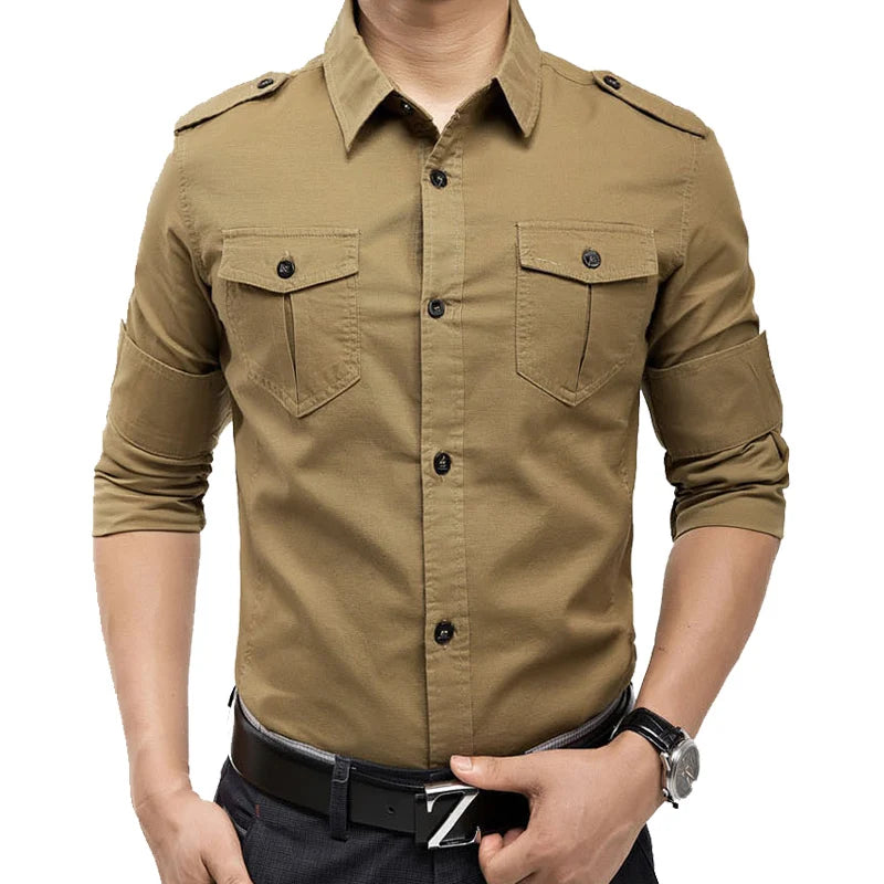 Slim Fit Mens Long Sleeve Cargo Shirts Causaul Blouses Yellow Army green