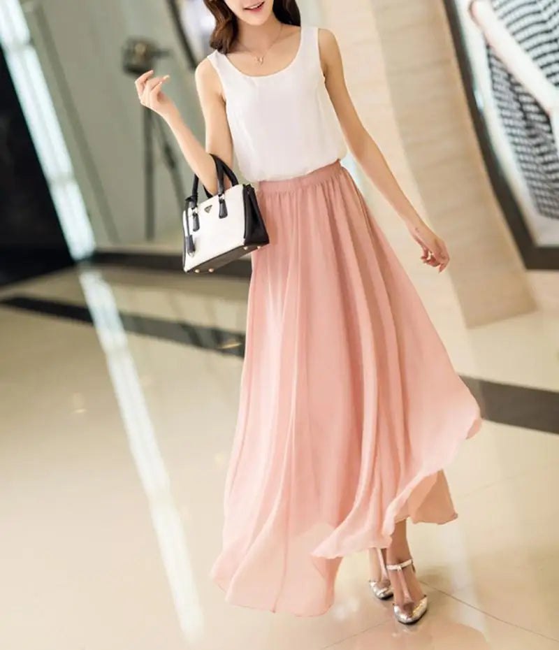 Elegant High Waist Chiffon Skirt Elastic Waist Casual Long Maxi Skirts Saias