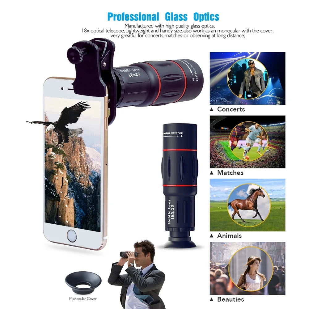 18X Telescope Zoom Mobile Phone Lens Telephoto Macro Camera Lenses Universal Selfie Tripod