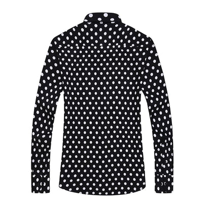 Black White Polka Dot Mens Dress Shirt Brand Long Sleeve Male Slim Fit Casual