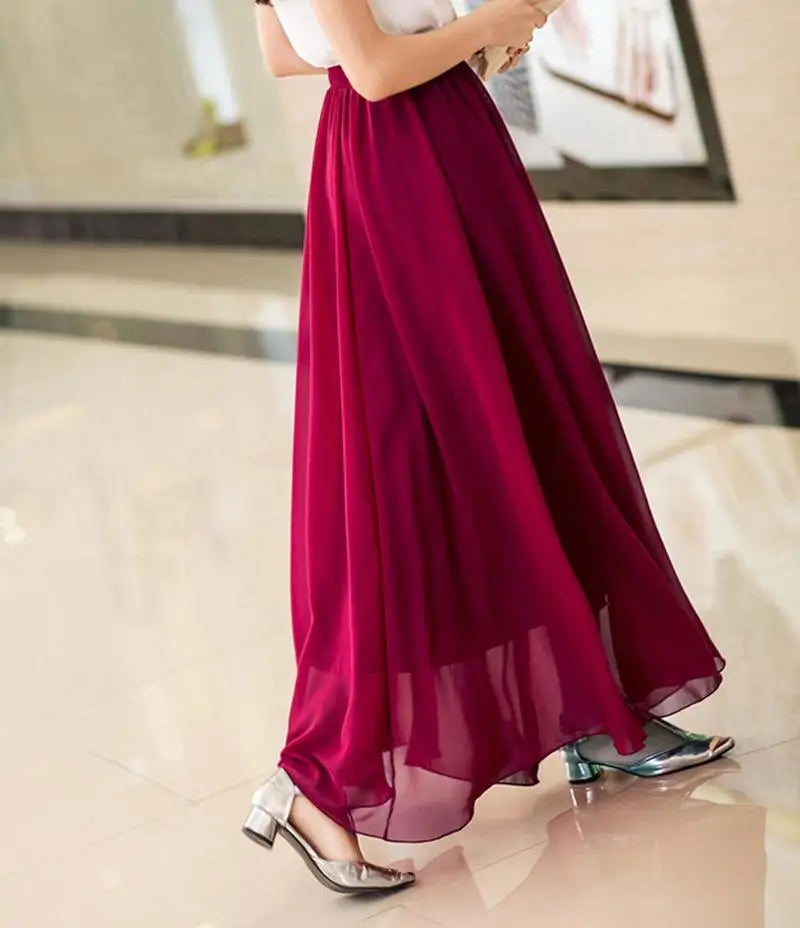 Elegant High Waist Chiffon Skirt Elastic Waist Casual Long Maxi Skirts Saias