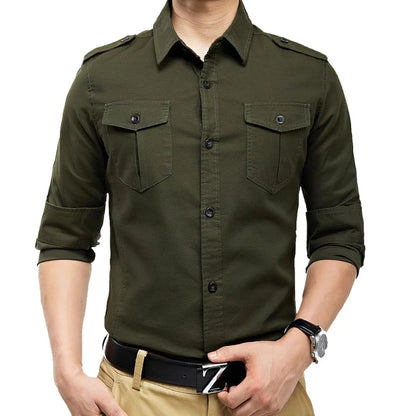 Slim Fit Mens Long Sleeve Cargo Shirts Causaul Blouses Yellow Army green