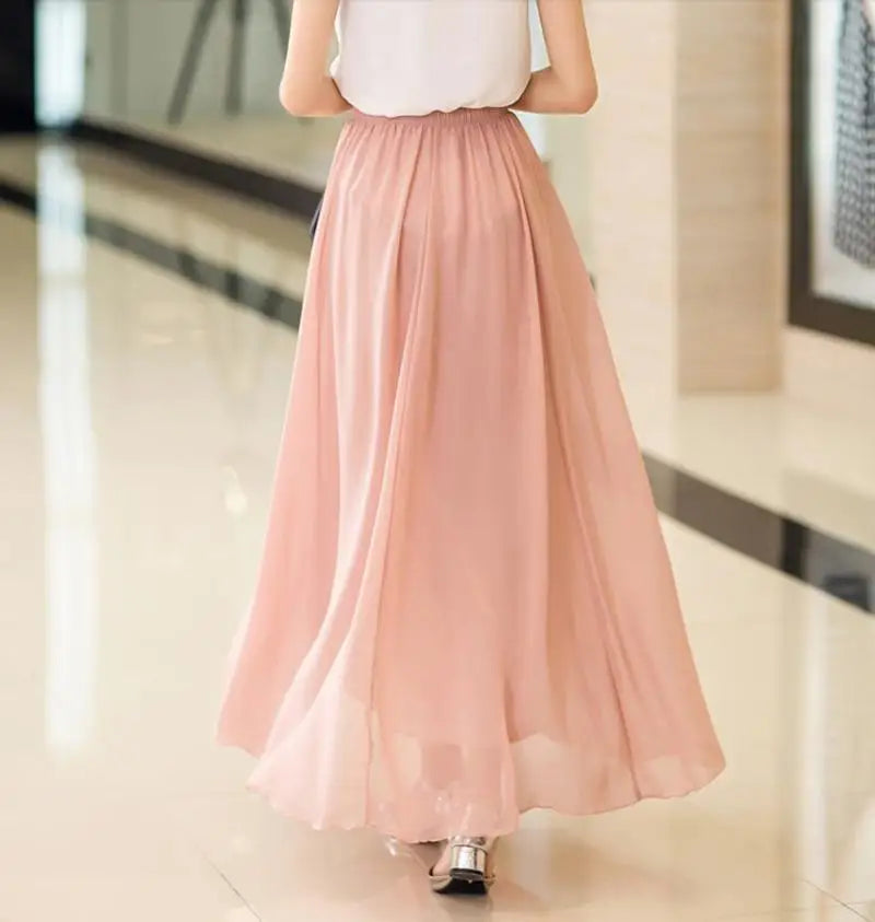 Elegant High Waist Chiffon Skirt Elastic Waist Casual Long Maxi Skirts Saias