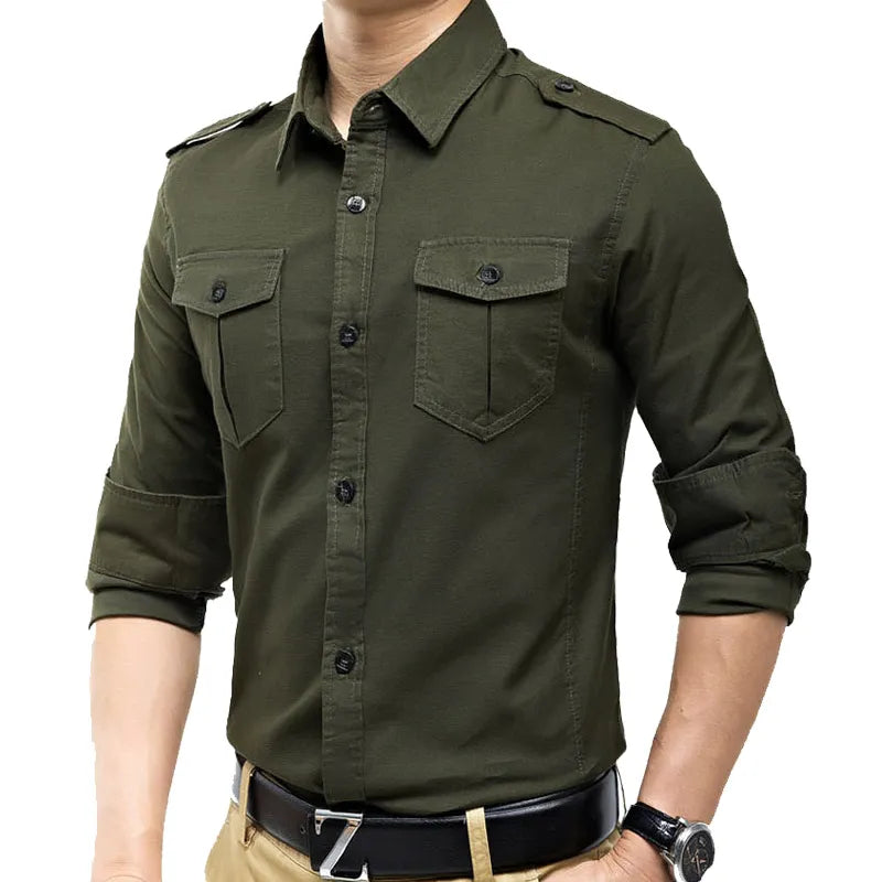 Slim Fit Mens Long Sleeve Cargo Shirts Causaul Blouses Yellow Army green