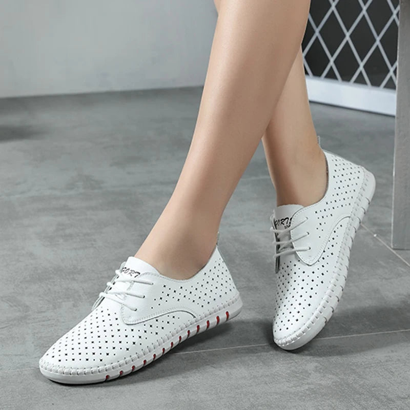 Sneakers shoe Women casual loafers shoes female Hollow moccasins White Lace up canvas Boat shoes