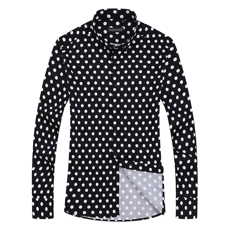 Black White Polka Dot Mens Dress Shirt Brand Long Sleeve Male Slim Fit Casual