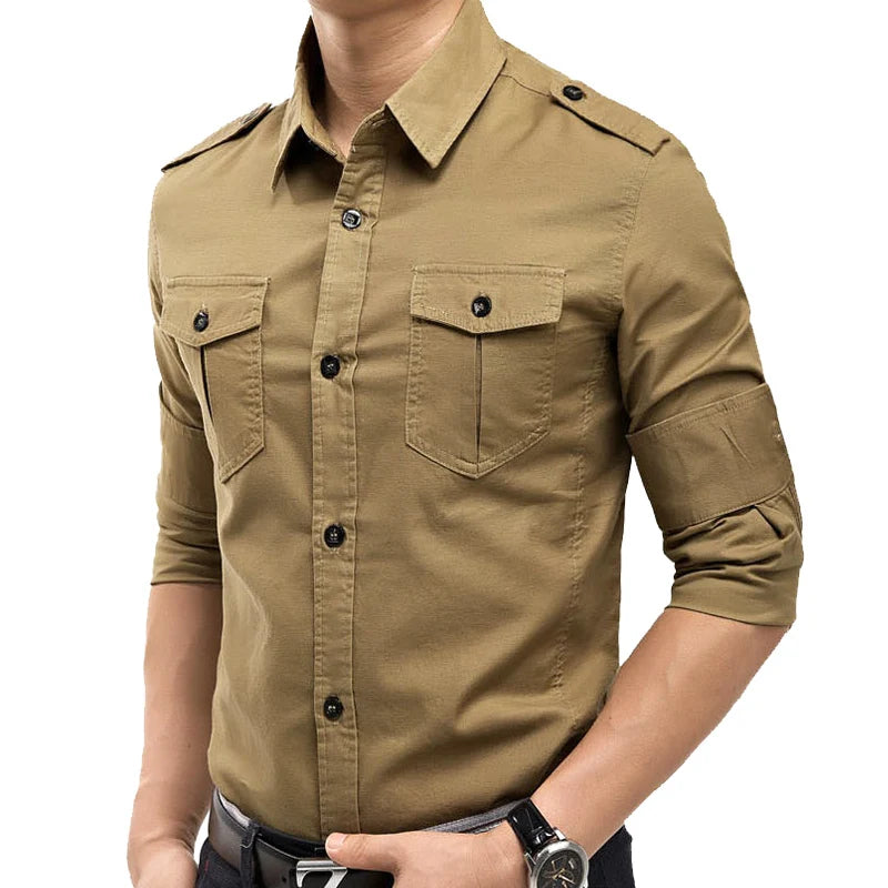 Slim Fit Mens Long Sleeve Cargo Shirts Causaul Blouses Yellow Army green