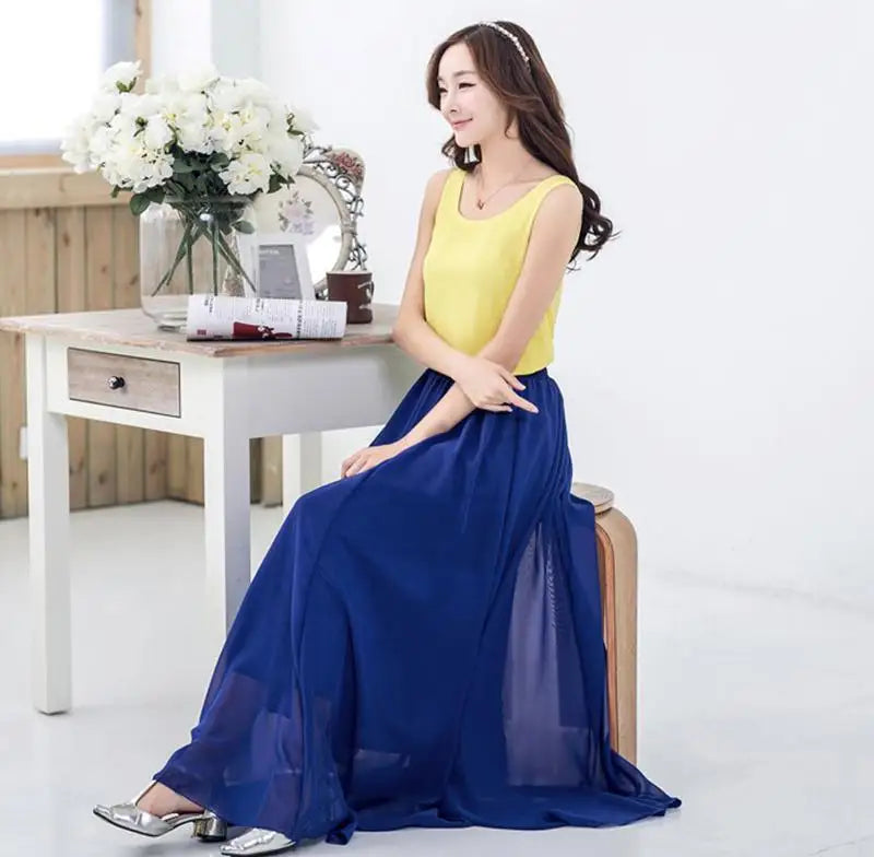 Elegant High Waist Chiffon Skirt Elastic Waist Casual Long Maxi Skirts Saias