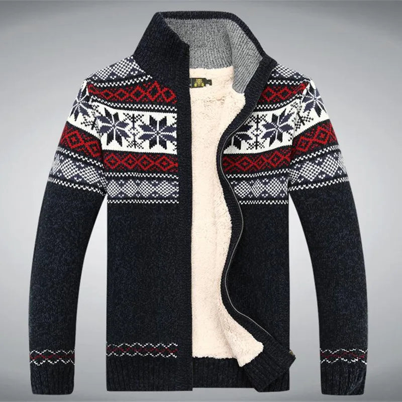 Sweater Male Thicken Fleece Men Cardigan Cotton Knitted Jacquard Men&