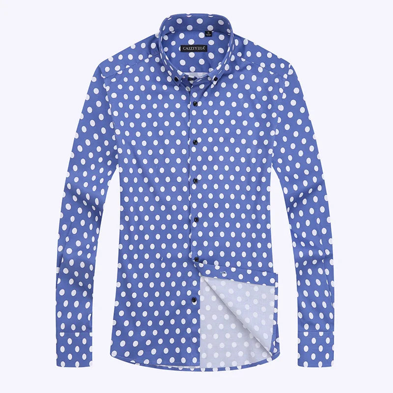 Black White Polka Dot Mens Dress Shirt Brand Long Sleeve Male Slim Fit Casual