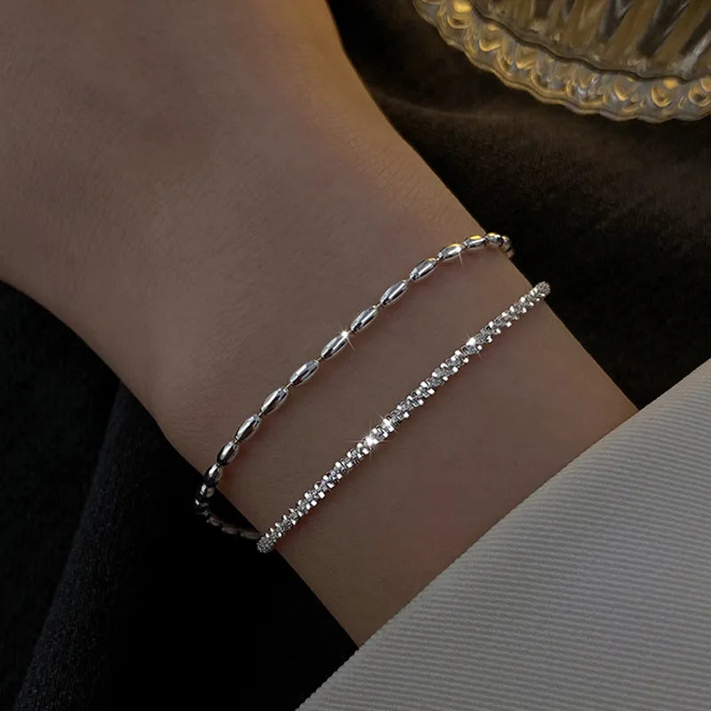 Sterling Silver Double Layer Women Bracelet