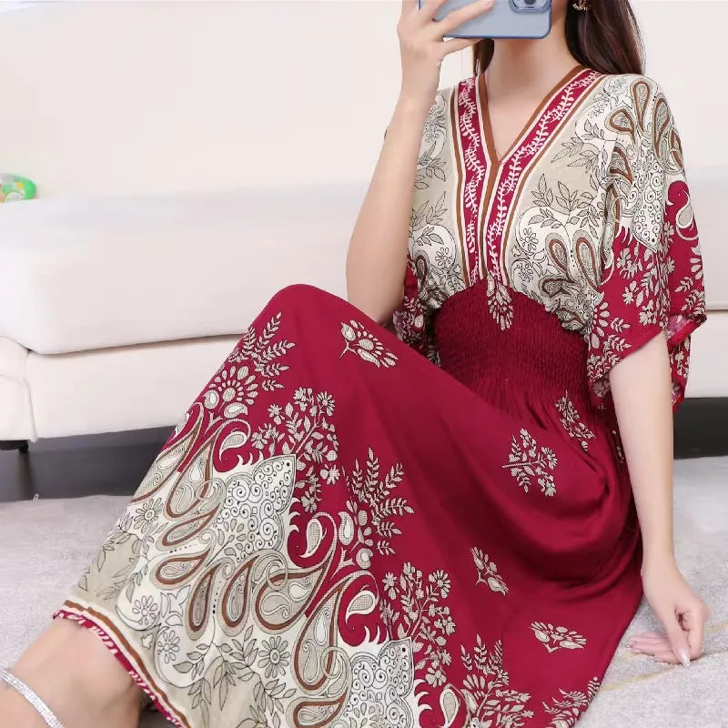 Casual Elegant Retro Style V-neck Tunic Large Swing Printed Dress Long Skirt