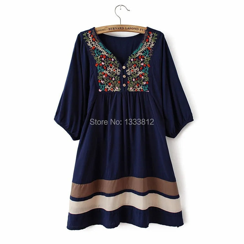 Embroidered Ethnic Style Stitching Loose Half Sleeve Female Cotton Long Blouse Blusas Femme