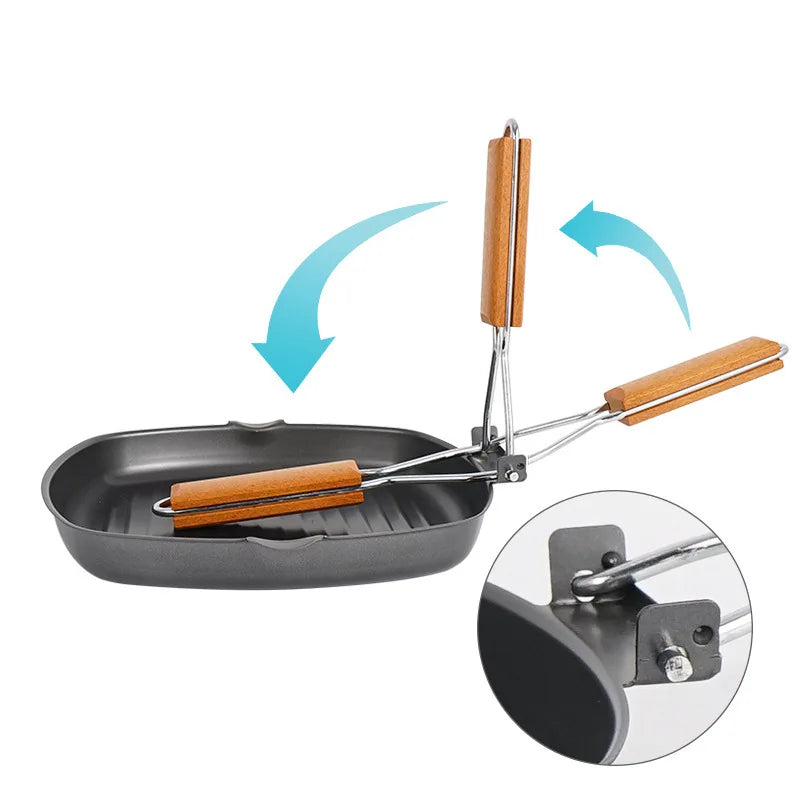 Outdoor Foldable Frying Pan Hiking Picnic Portable Wooden Steak Utensils Camping Handle Pan