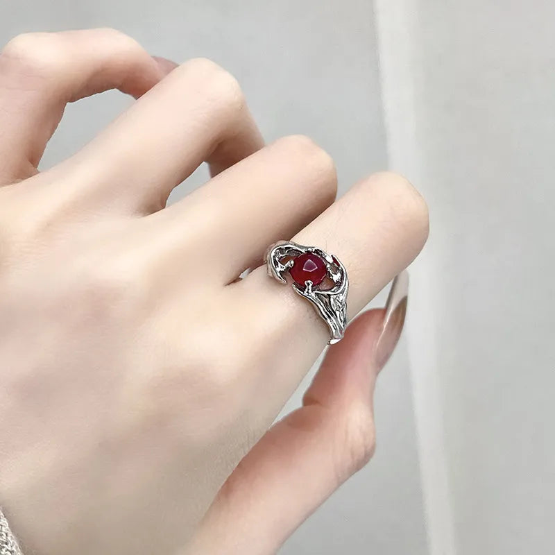 Gemstone Ring Aesthetic Girl Hollow Red Stone Ring for Women