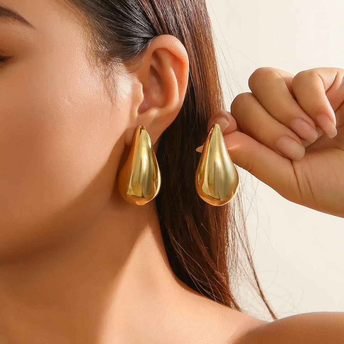 Vintage Gold Color Chunky Water Drop Dome Stud Earrings for Women