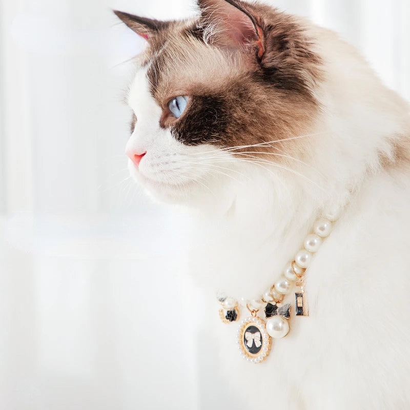 Exquisite Pet Cat Pearl Collar with Pendant Small Cat Dog Necklace