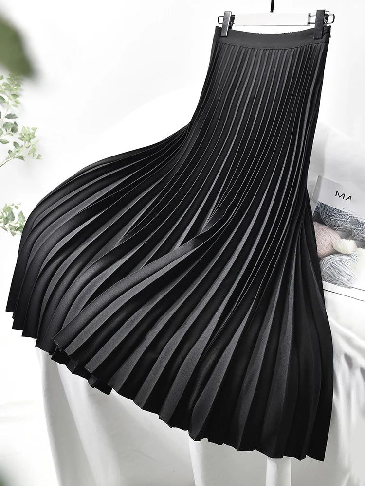 Elegant Chic Solid Pleated Skirt High Waist Luxury Fashion With Elastic Female