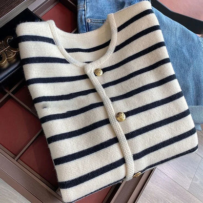 Sweater Cardigan White Black Striped Knitted Sweater Short Cardigan Long Sleeve