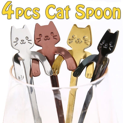 4pcs Stainless Steel Cute Cat Spoons Coffee Tea Ice Cream Teaspoons Spoon Dessert