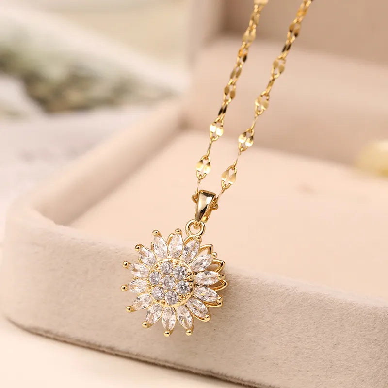 Stainless Steel Double-layer Rotatable Sunflower Necklaces For Women