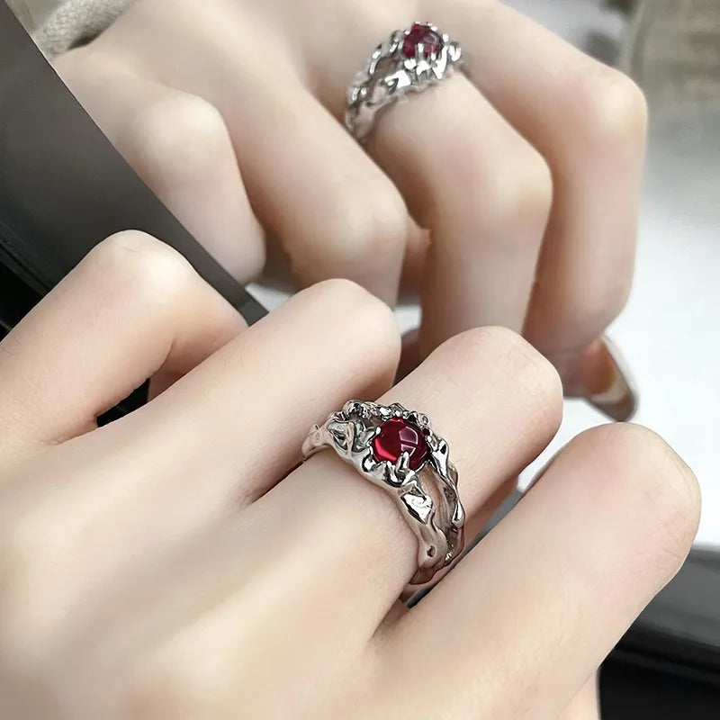 Gemstone Ring Aesthetic Girl Hollow Red Stone Ring for Women