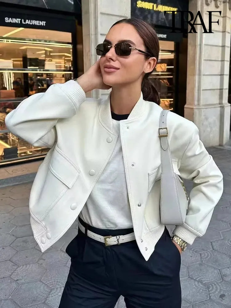 Pockets Bomber Jacket Coats Vintage Long Sleeve Front Button Casual Female Outerwear Chic Tops