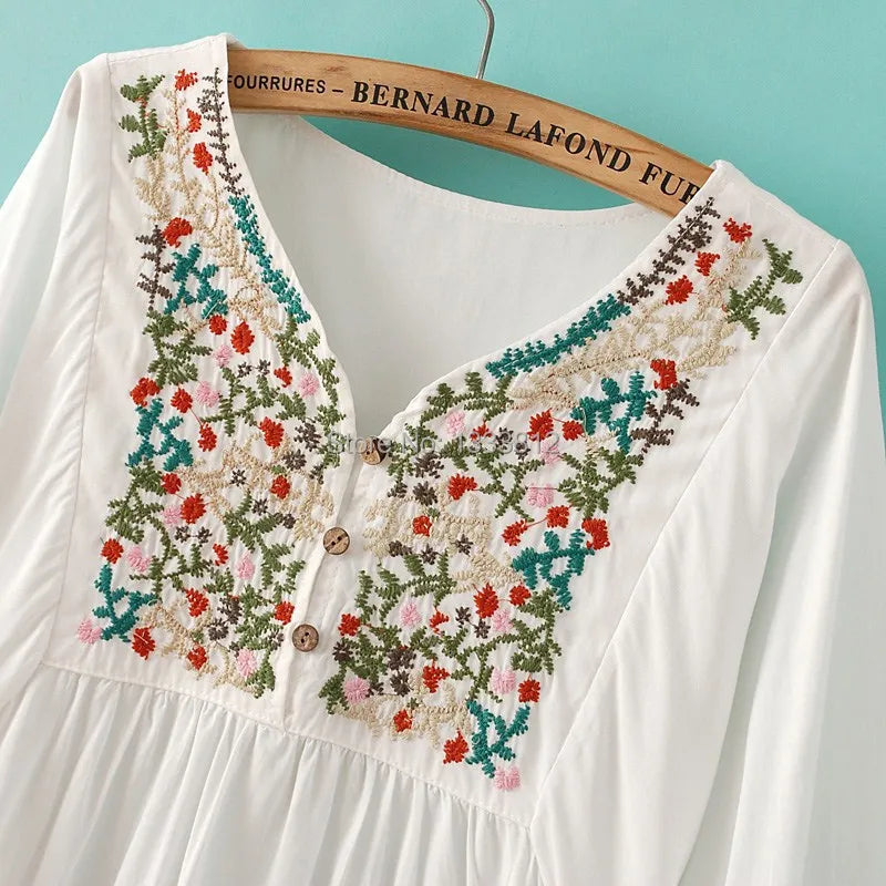 Embroidered Ethnic Style Stitching Loose Half Sleeve Female Cotton Long Blouse Blusas Femme