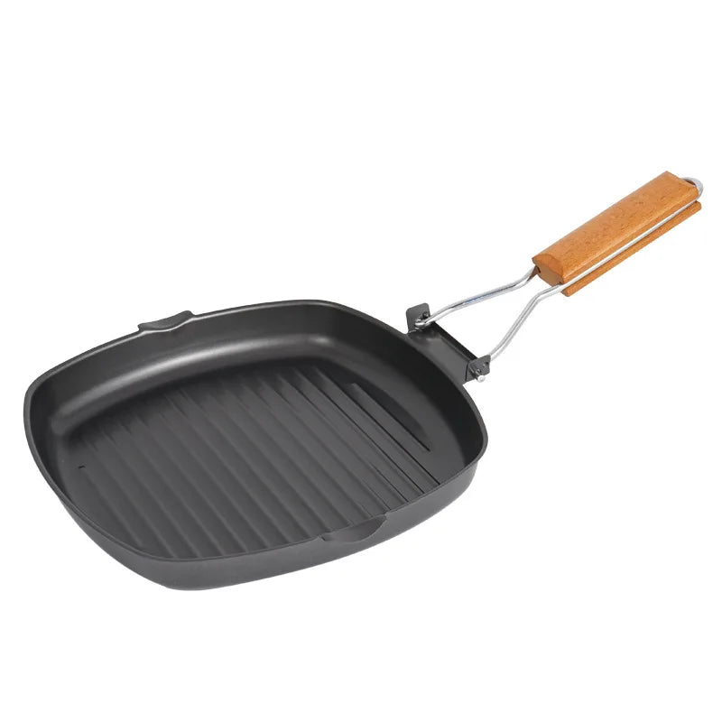 Outdoor Foldable Frying Pan Hiking Picnic Portable Wooden Steak Utensils Camping Handle Pan