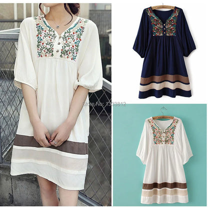 Embroidered Ethnic Style Stitching Loose Half Sleeve Female Cotton Long Blouse Blusas Femme