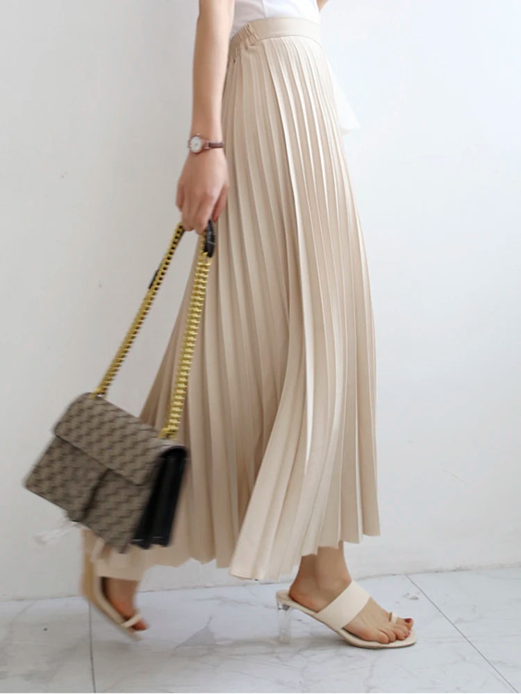 Elegant Chic Solid Pleated Skirt High Waist Luxury Fashion With Elastic Female