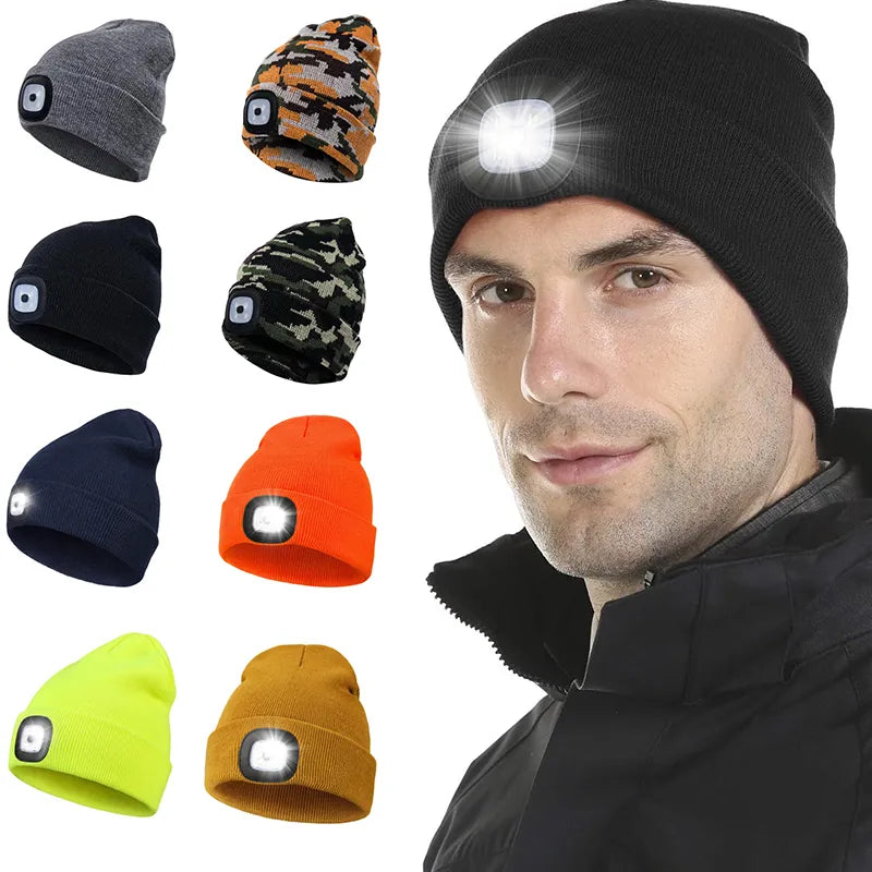 Led Light Knitted Hat Warm Elastic Beanie Autumn Winter Outdoor Sports Night Hiking Fishing