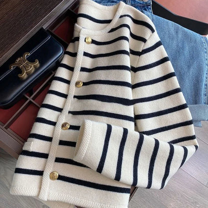 Sweater Cardigan White Black Striped Knitted Sweater Short Cardigan Long Sleeve