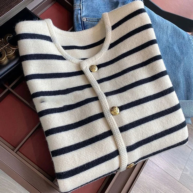 Sweater Cardigan White Black Striped Knitted Sweater Short Cardigan Long Sleeve