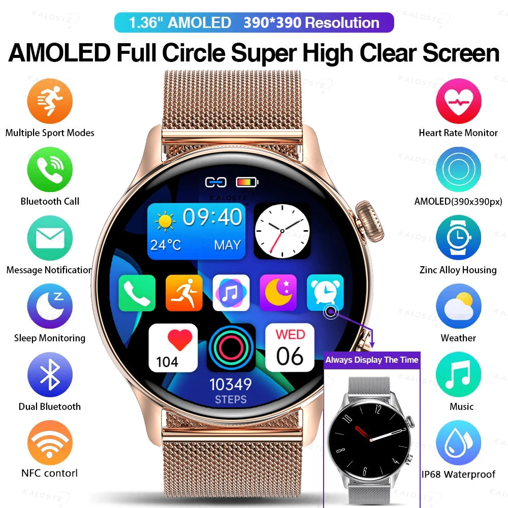 Smartwatch Women AMOLED HD Screen Always On Display Bluetooth Call Waterproof