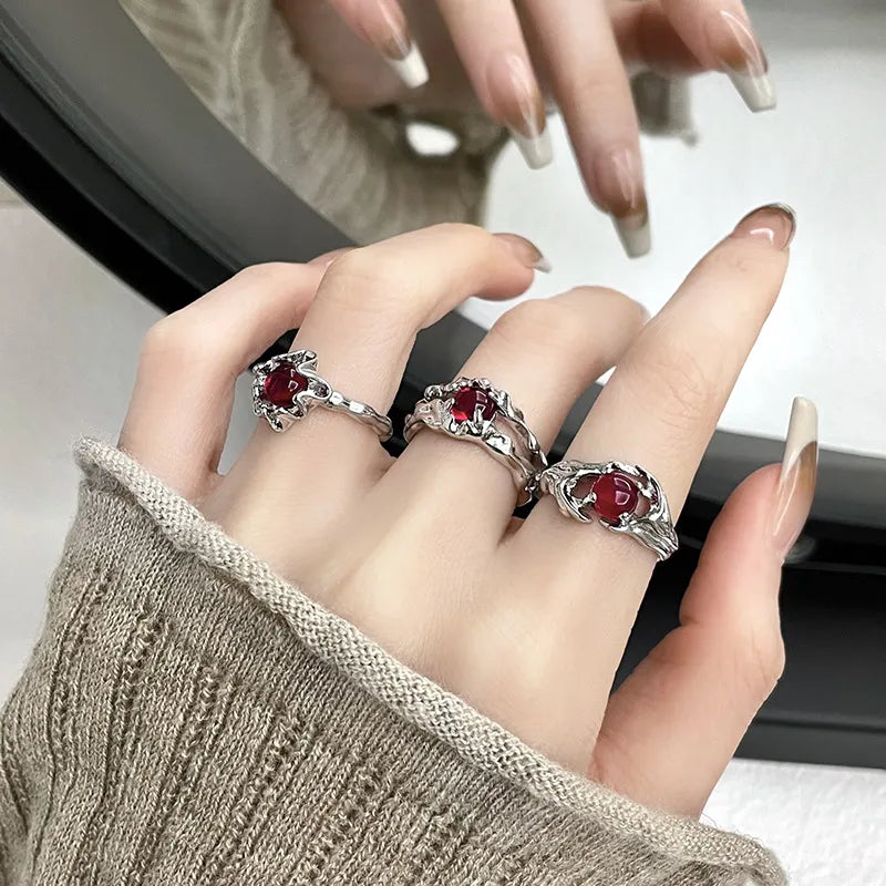 Gemstone Ring Aesthetic Girl Hollow Red Stone Ring for Women