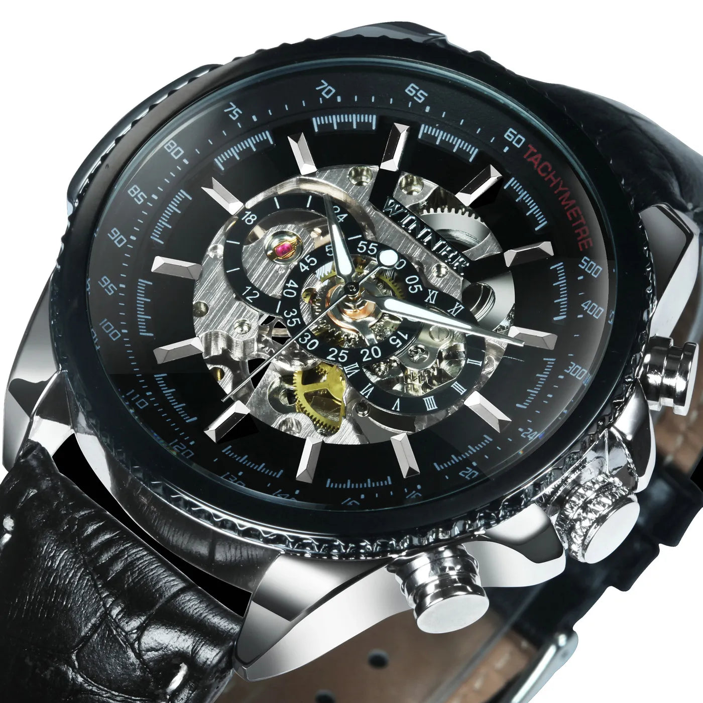 Skeleton Automatic Mechanical Wrist Watches Silver Gold Leather