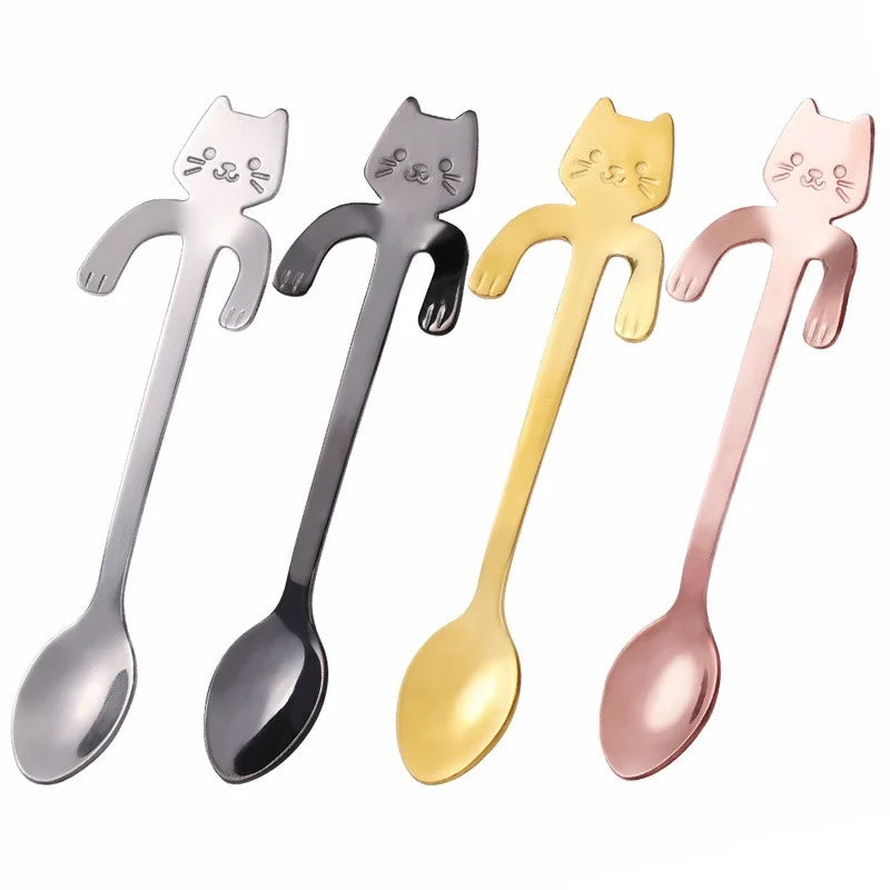 4pcs Stainless Steel Cute Cat Spoons Coffee Tea Ice Cream Teaspoons Spoon Dessert