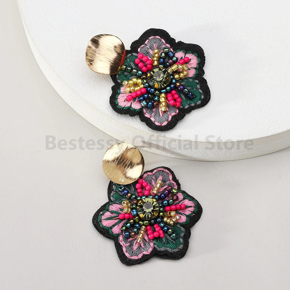 Big Flower Dangle Handmade Beads Cotton Earrings For Women