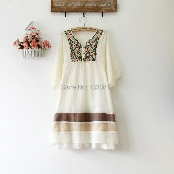 Embroidered Ethnic Style Stitching Loose Half Sleeve Female Cotton Long Blouse Blusas Femme