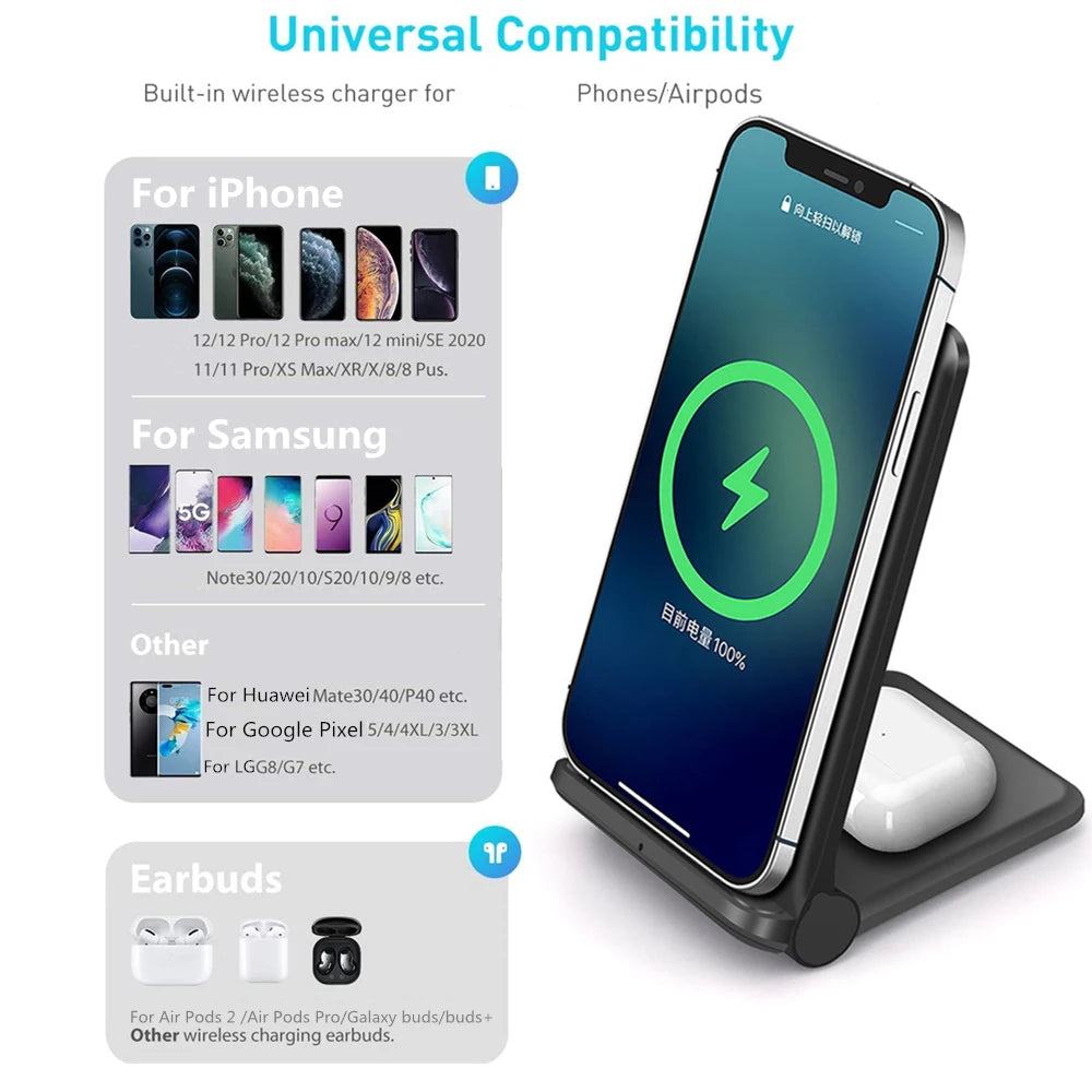 25W 2 in 1 Wireless Charger Stand For iPhone 15 14 13 12 11 Pro XS Max XR 8 Airpods