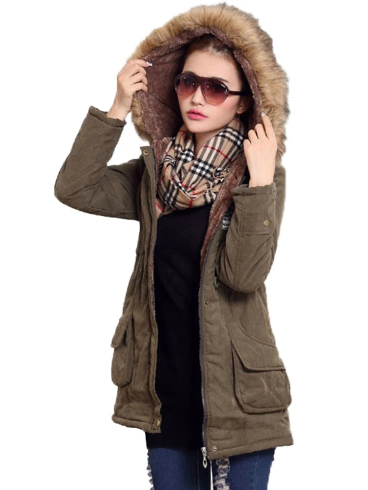 Medium-long Thicken Outwear Hooded Wadded Coat Slim Parka Cotton-padded Jacket Overcoat