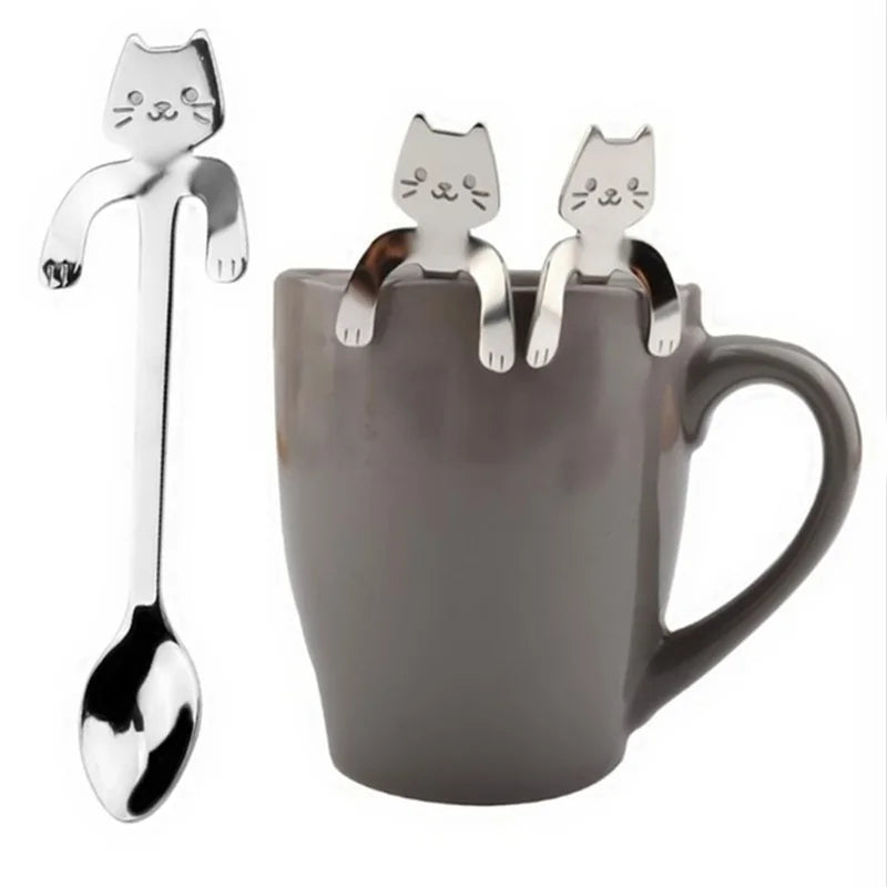 4pcs Stainless Steel Cute Cat Spoons Coffee Tea Ice Cream Teaspoons Spoon Dessert