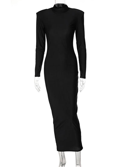 Long Sleeve With Shoulder Pads Turtleneck Maxi Elegant Skinny