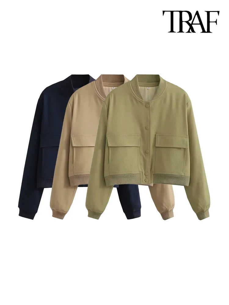 Pockets Bomber Jacket Coats Vintage Long Sleeve Front Button Casual Female Outerwear Chic Tops