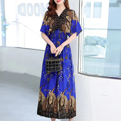 Casual Elegant Retro Style V-neck Tunic Large Swing Printed Dress Long Skirt