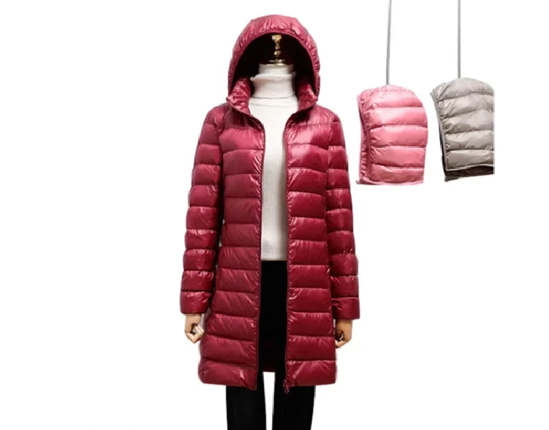 Ultralight Thin Packable Down Long Jacket Female Hat Detachable Slim Fit Skirt Coat